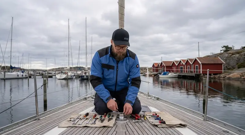 Båttekniker utför service på en båt vid bryggan i Bohuslän